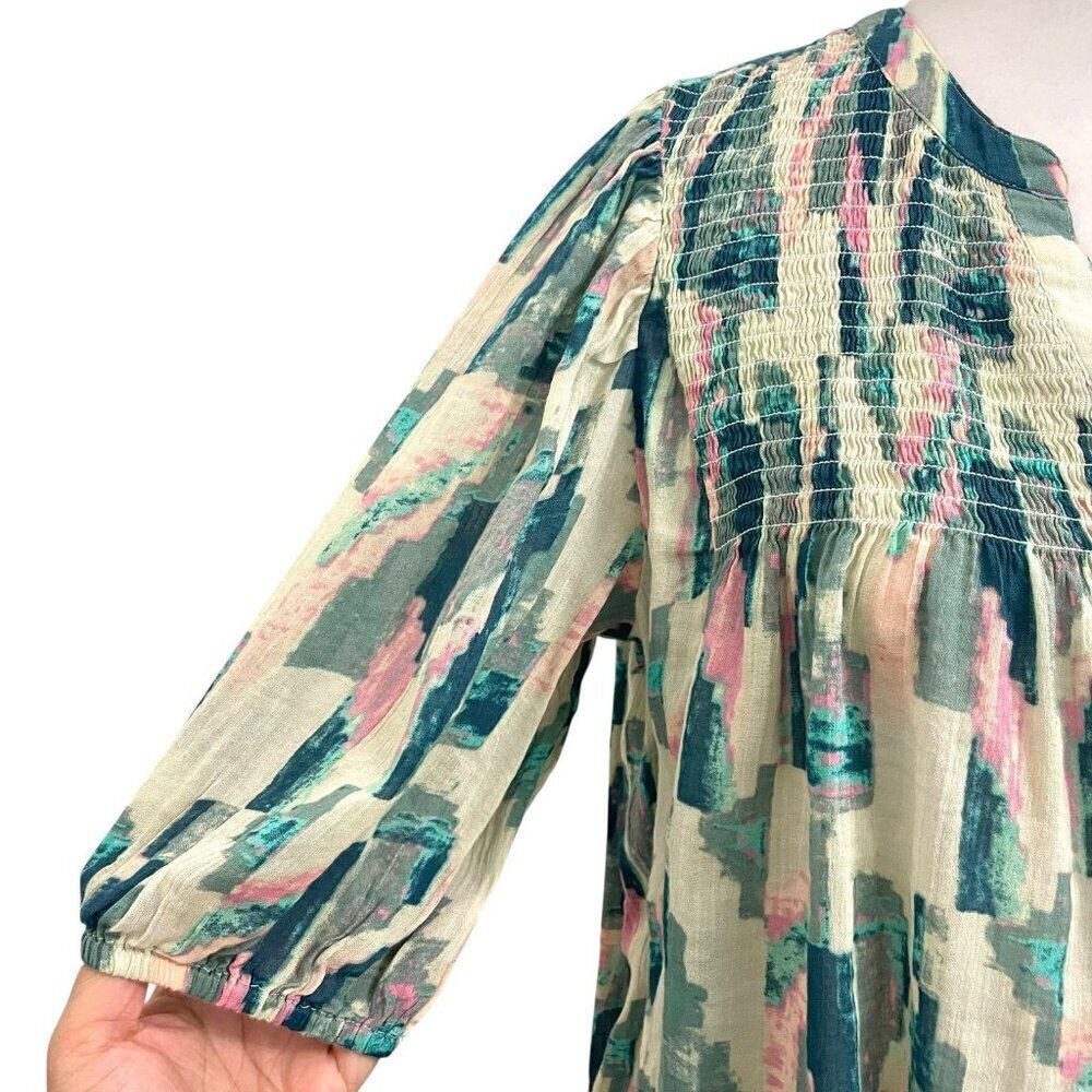 ba&sh Colorful Batik Retro Puff Sleeve V-Neck Blouse Top Feminine size Medium - Picture 6 of 13